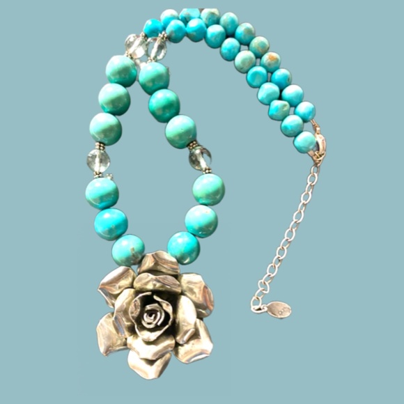 Sterling Silver Flower & Turquoise Beaded Necklace - Picture 2 of 9
